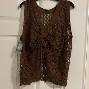 Crochet Tie-Front Tank Top in Rich Brown